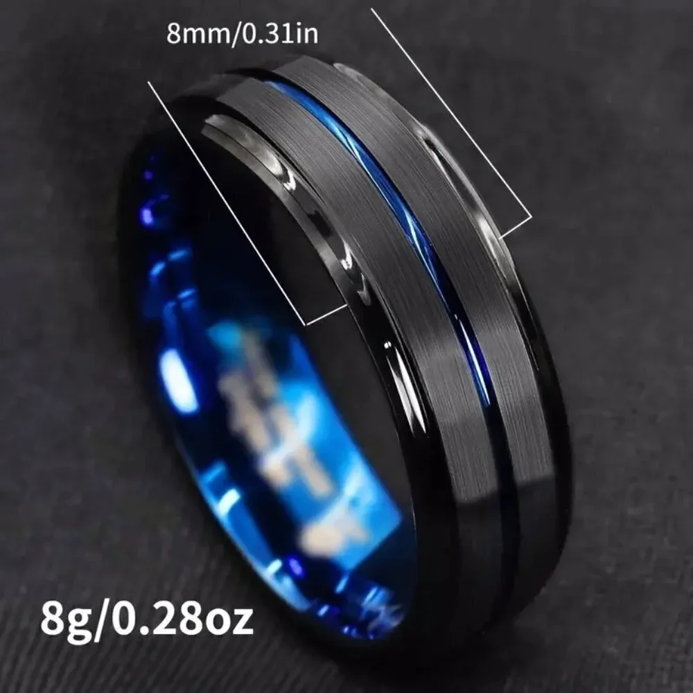Tungsten Steel matte black polished double beveled blue channel wedding ring
